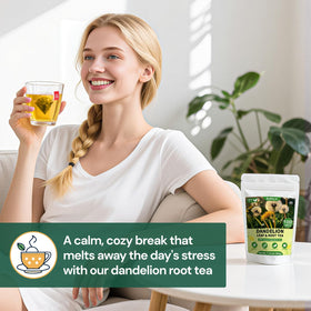Solisleaf dandelion tea brew in cup shows golden infusion