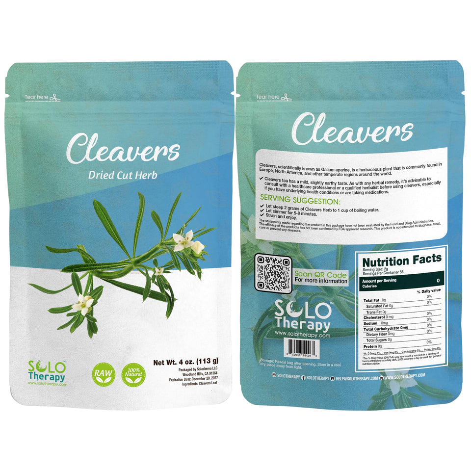 Solo Therapy Cleavers herb dried cut in resealable bag for easy tea brewing.