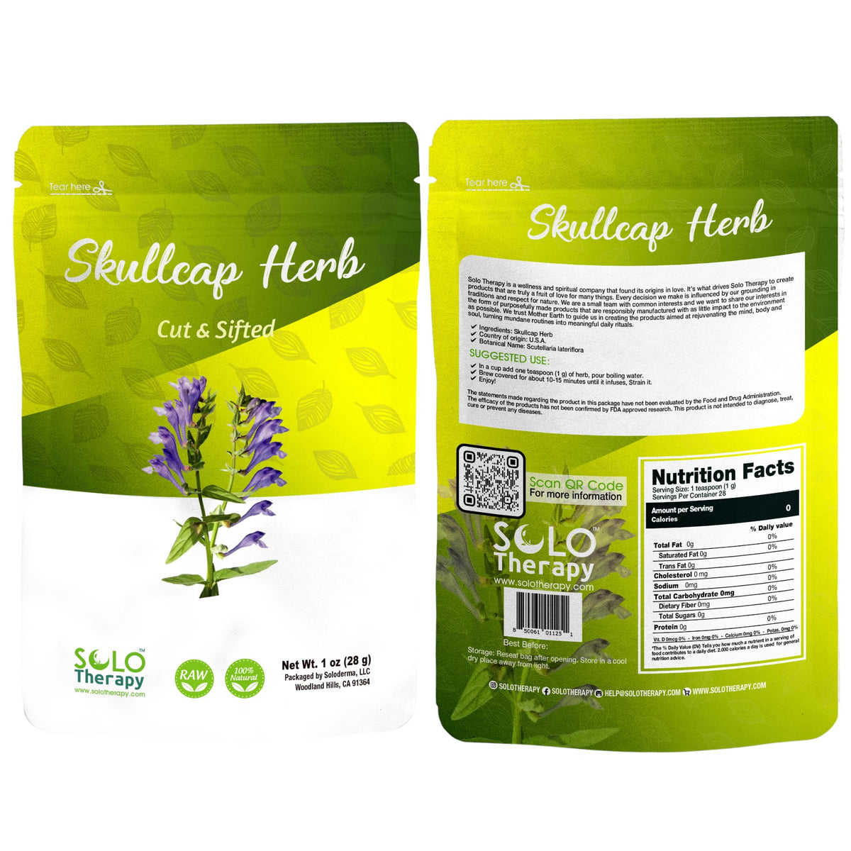 Solo Therapy skullcap herb in resealable bag, ideal for fresh tea prep.
