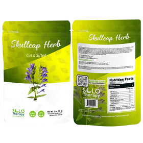 Solo Therapy skullcap herb in resealable bag, ideal for fresh tea prep.