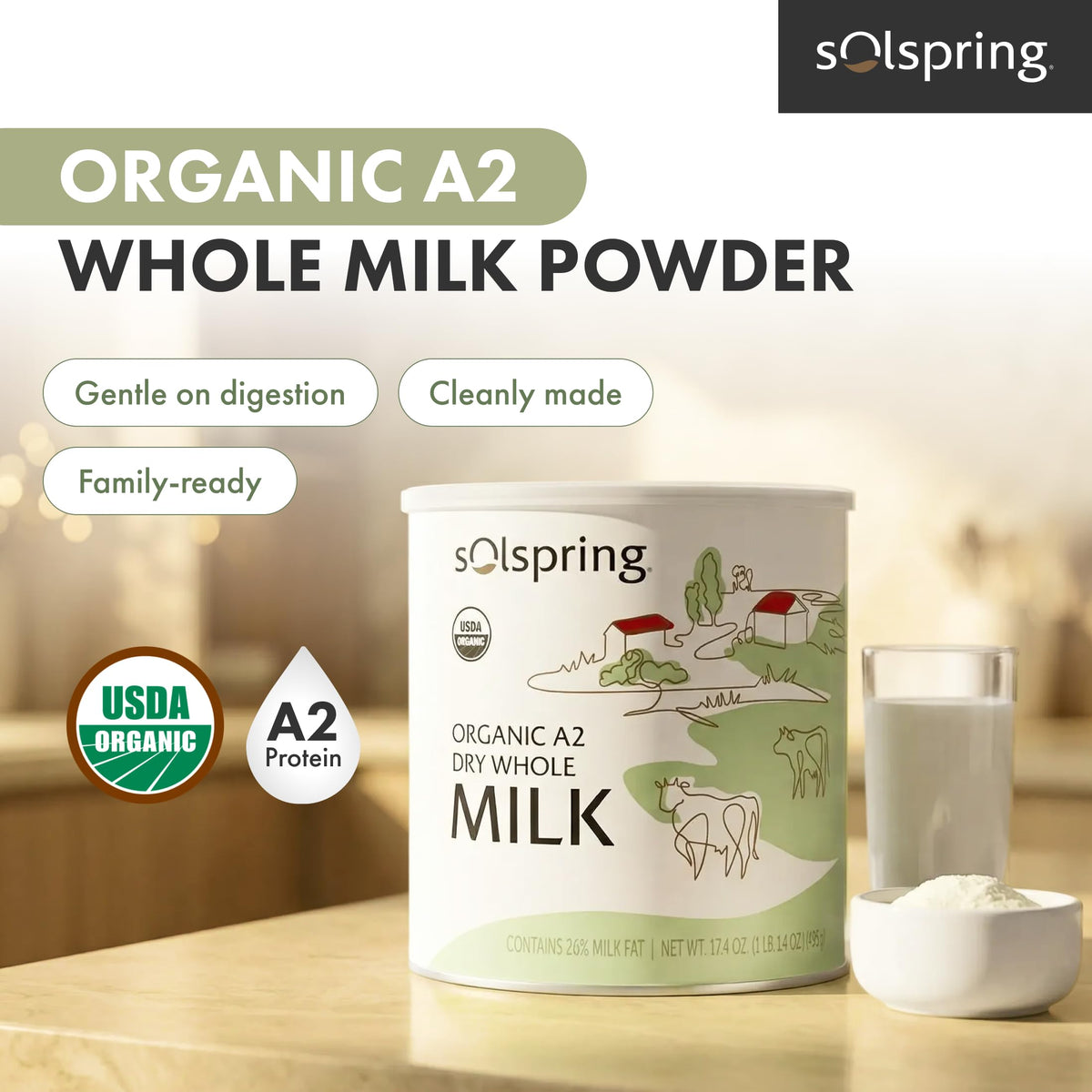 Solspring A2 milk powder pour highlights quick smoothie ingredient option