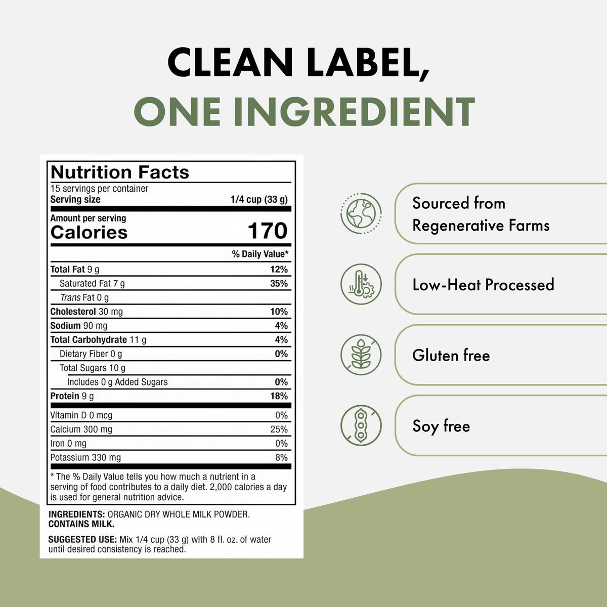 Solspring Organic A2 Dry Milk ingredients label emphasizing clean source