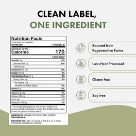 Solspring Organic A2 Dry Milk ingredients label emphasizing clean source