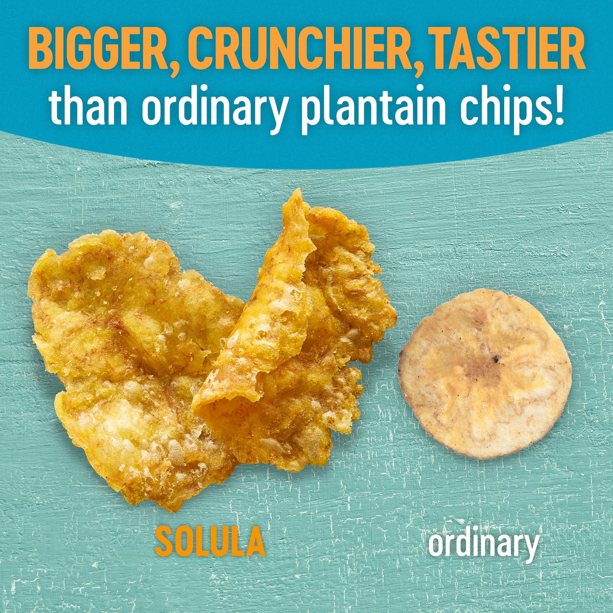 Close-up of Solula Plantain Crisps texture, kettle-cooked for a crunchy snack anytime.