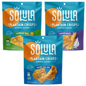 Solula Plantain Crisps variety pack on the shelf, snackable gluten-free option for gatherings.
