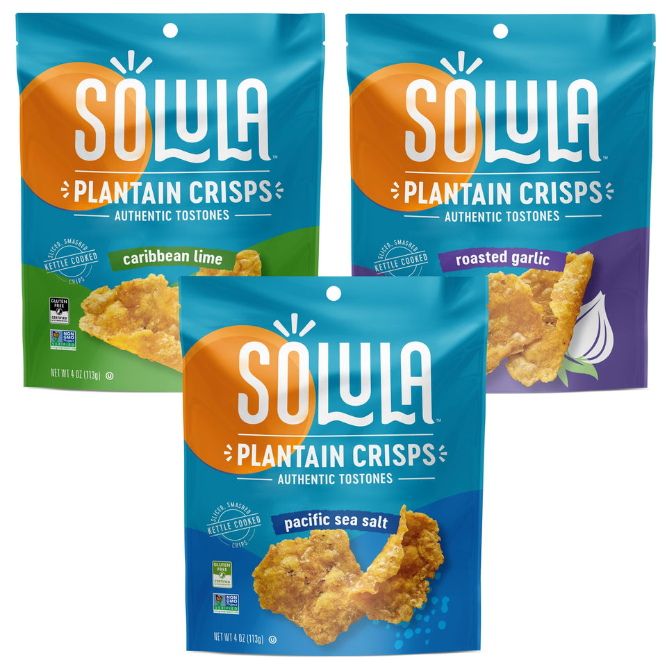 Solula Plantain Crisps variety pack on the shelf, snackable gluten-free option for gatherings.