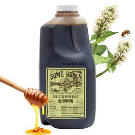 Some Honey buckwheat honey bottle closeup highlighting bold earthy notes for cooking.
