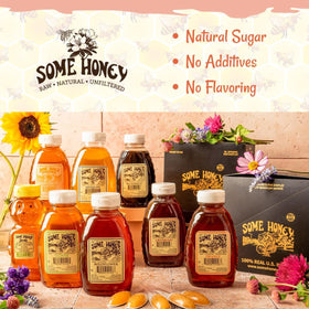 Some Honey orange blossom honey on marble surface with citrus notes.