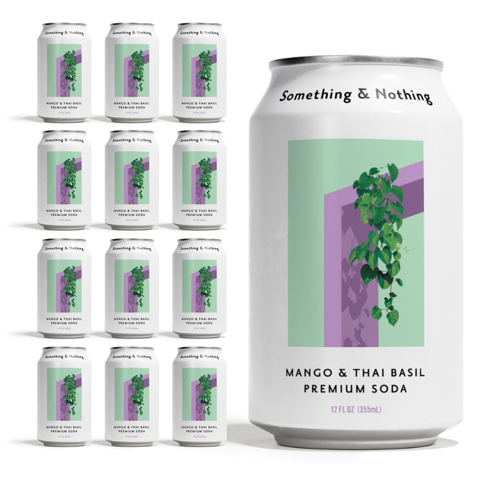Something & Nothing Mango Thai Basil sparkling water can with tropical mango aroma for a refreshing sip.