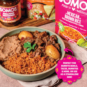 SOMOS Brown Rice close-up highlighting garlic and onion aroma.