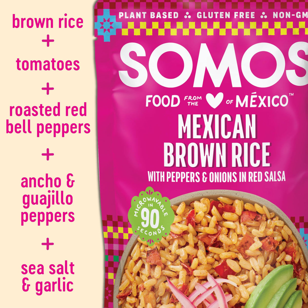 SOMOS burrito bowl base shown with brown rice for varied meals.