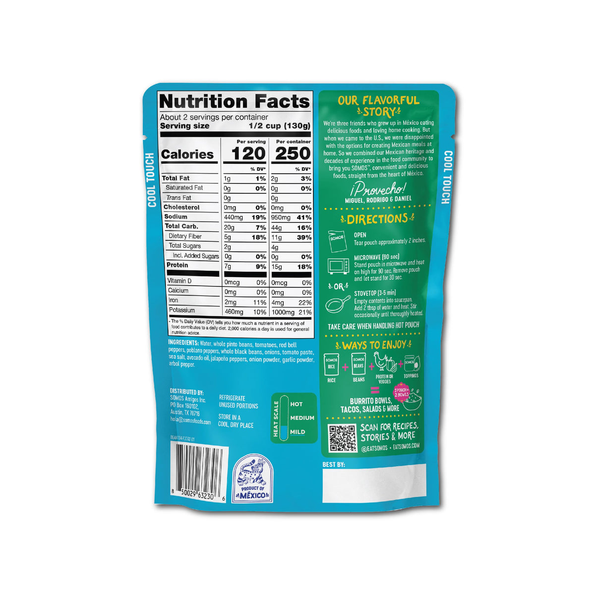 SOMOS Pinto and Black Beans label highlights gluten-free and non-GMO ingredients.