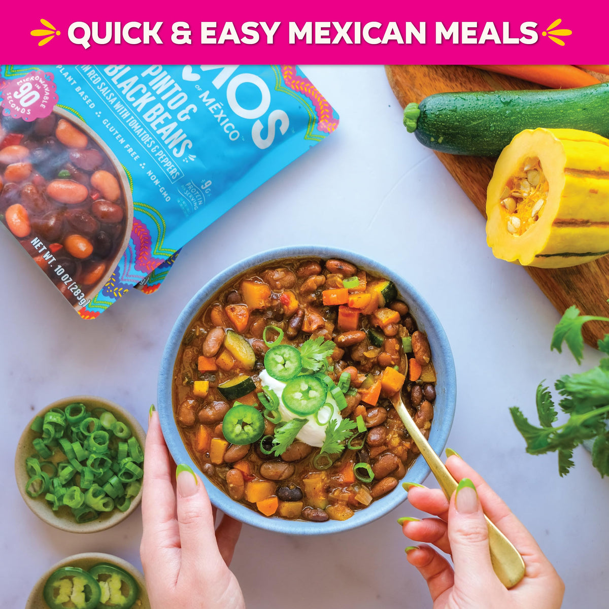 SOMOS Pinto and Black Beans serving-ready image shows heat-and-serve convenience.
