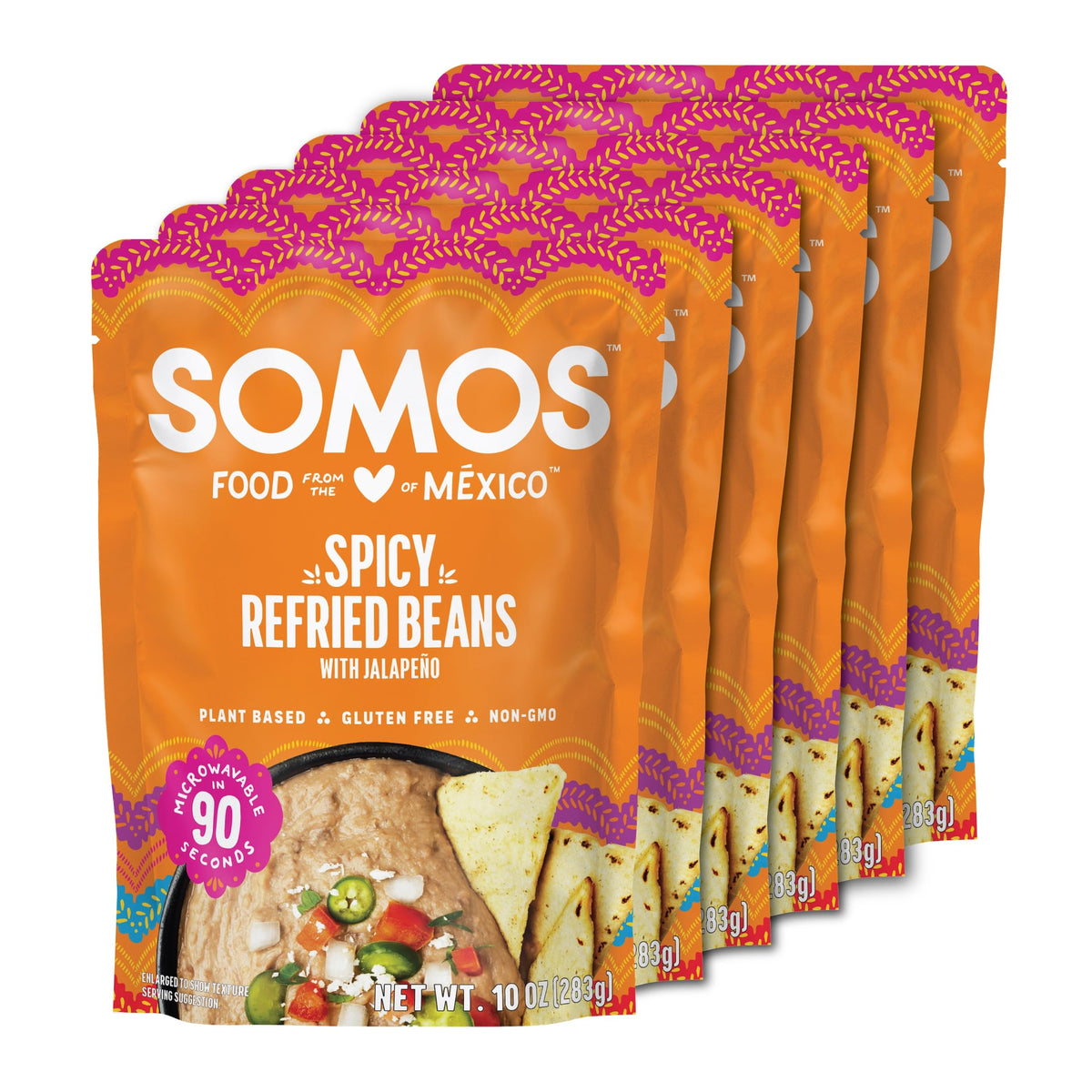 SOMOS spicy refried beans in a bowl, ready for quick, flavorful meals.