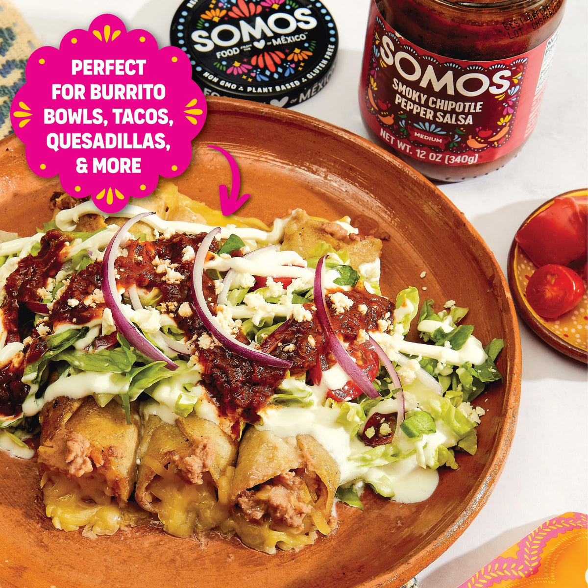 SOMOS refried beans with garlic and jalapeño, bold flavor for bowls or toppings.