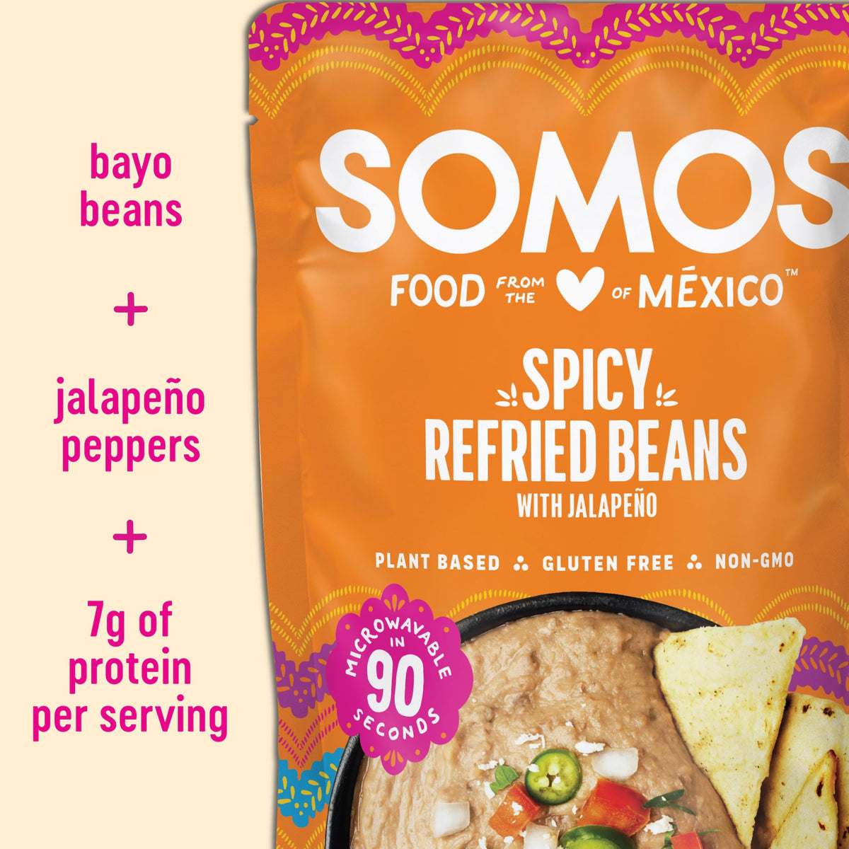 SOMOS 10 oz pack, gluten-free, non-GMO, vegan-friendly packaging.