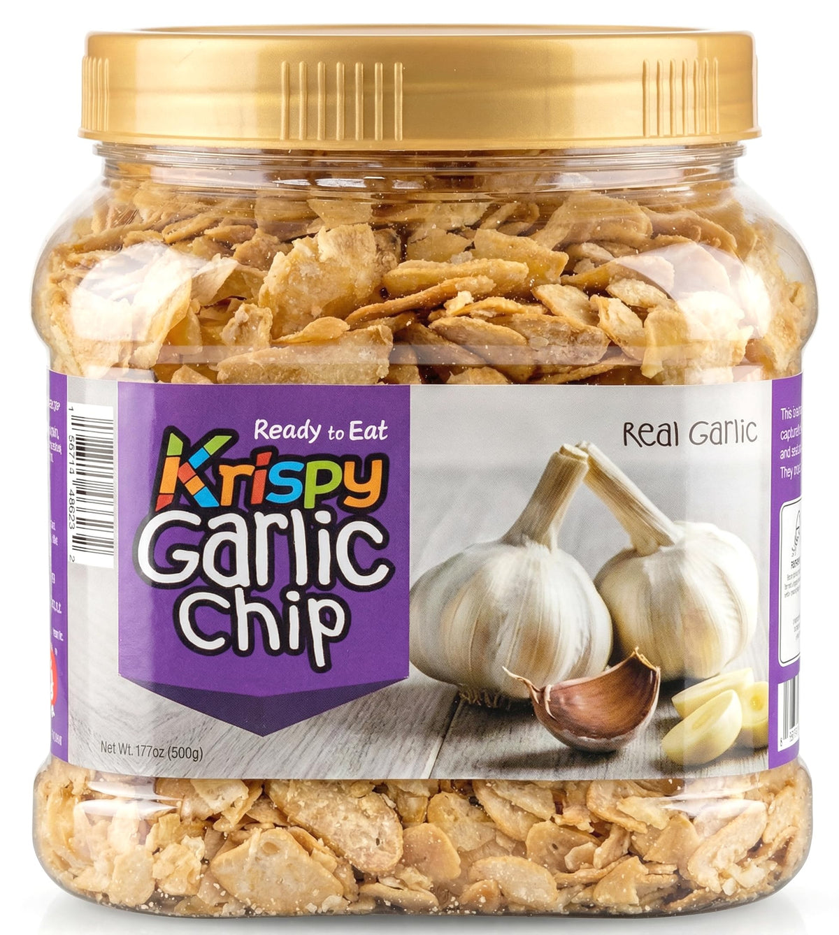 SONAMU Krispy Garlic Chips jar label highlighting premium family-sized value