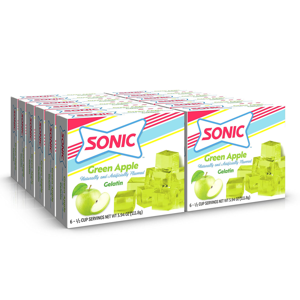 SONIC Green Apple Gelatin box showcasing iconic flavor for fat-free family desserts.