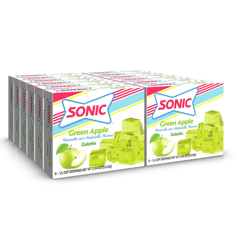SONIC Green Apple Gelatin box showcasing iconic flavor for fat-free family desserts.
