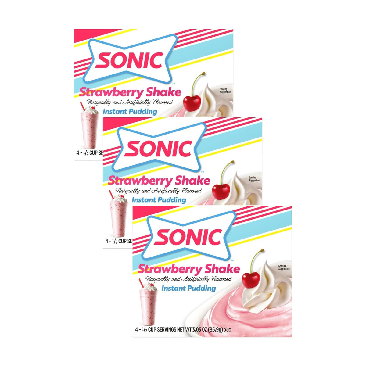 Sonic The Hedgehog Instant Pudding Strawberry Shake pack of 3 on shelf for quick dessert.