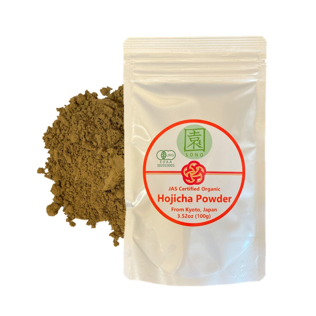 SONO Organic Hojicha Powder packaging for easy storage and freshness.