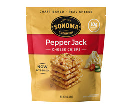 Sonoma Creamery Pepper Jack Cheese Crisps bag on shelf, keto-friendly snack