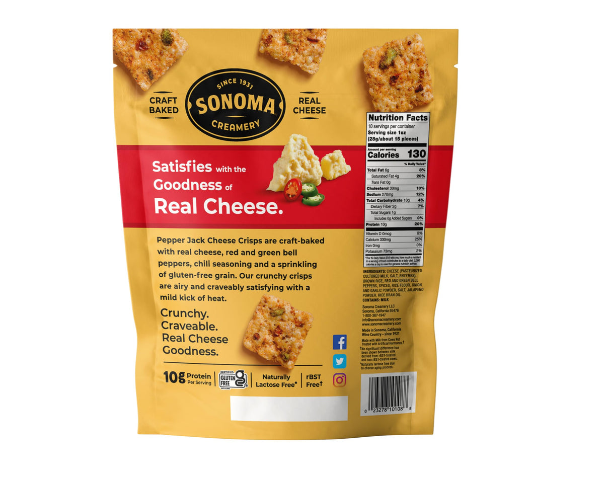 Close-up of Sonoma Creamery Pepper Jack Cheese Crisps showing crispy texture for snacking