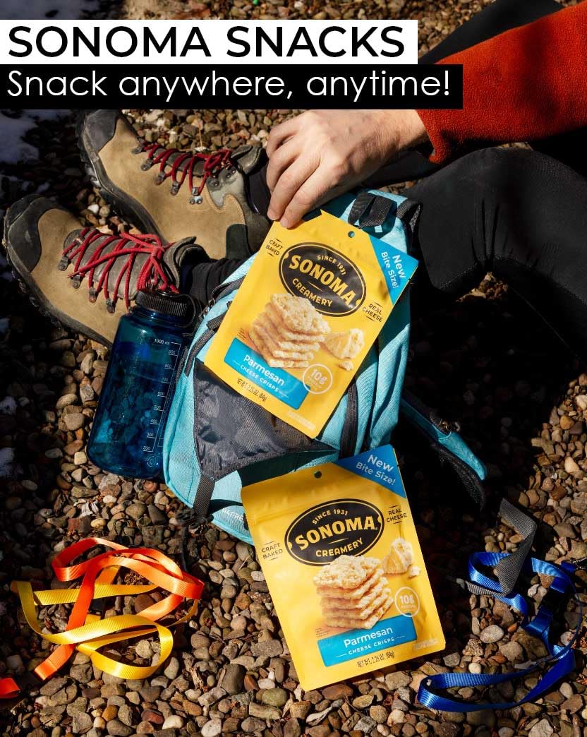 Back-of-bag view of Sonoma Creamery Pepper Jack Cheese Crisps highlighting high-protein, gluten-free snack