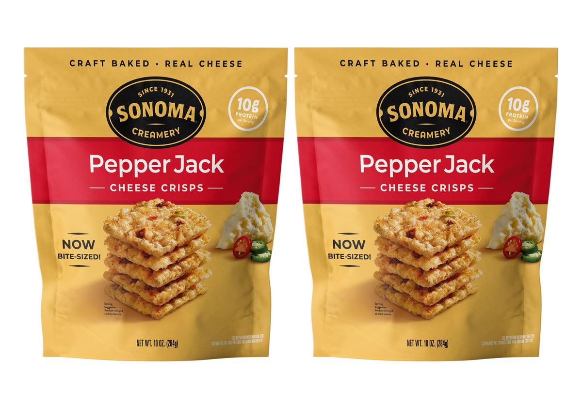 Sonoma Creamery Pepper Jack crisps in a bag showing bold flavor