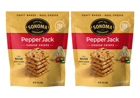 Sonoma Creamery Pepper Jack crisps in a bag showing bold flavor