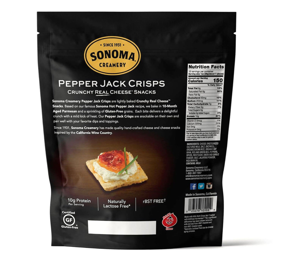 Close-up of Sonoma Creamery Pepper Jack crisps highlighting crispy texture