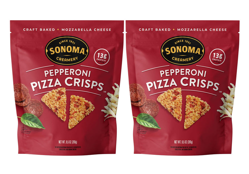 Sonoma Creamery Pizza Crisps Pepperoni front view, protein-packed keto snack in a resealable pouch