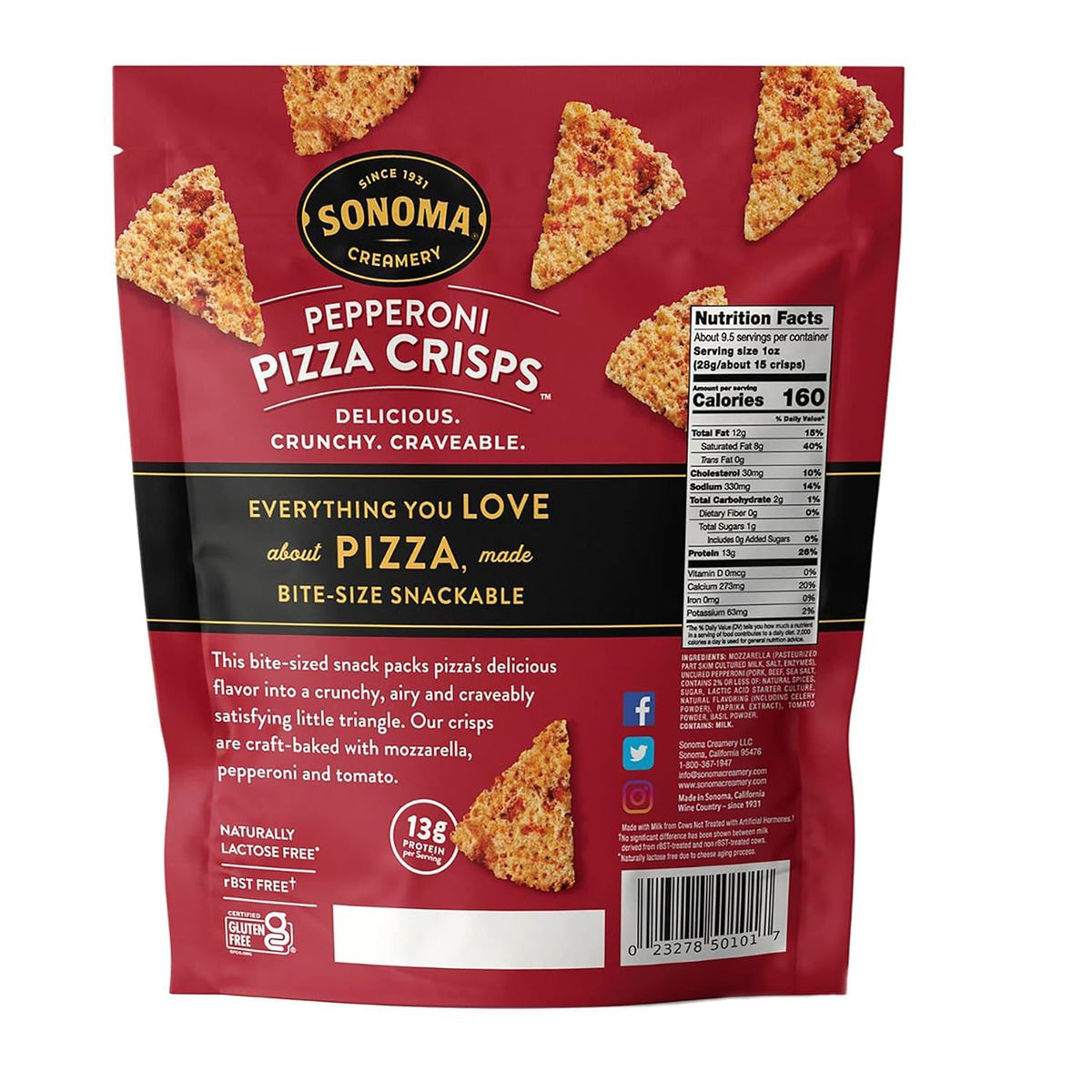 Sonoma Creamery Pizza Crisps Pepperoni serving idea, gluten-free crunchy bite for mindful snacking