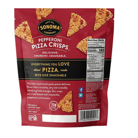 Sonoma Creamery Pizza Crisps Pepperoni serving idea, gluten-free crunchy bite for mindful snacking