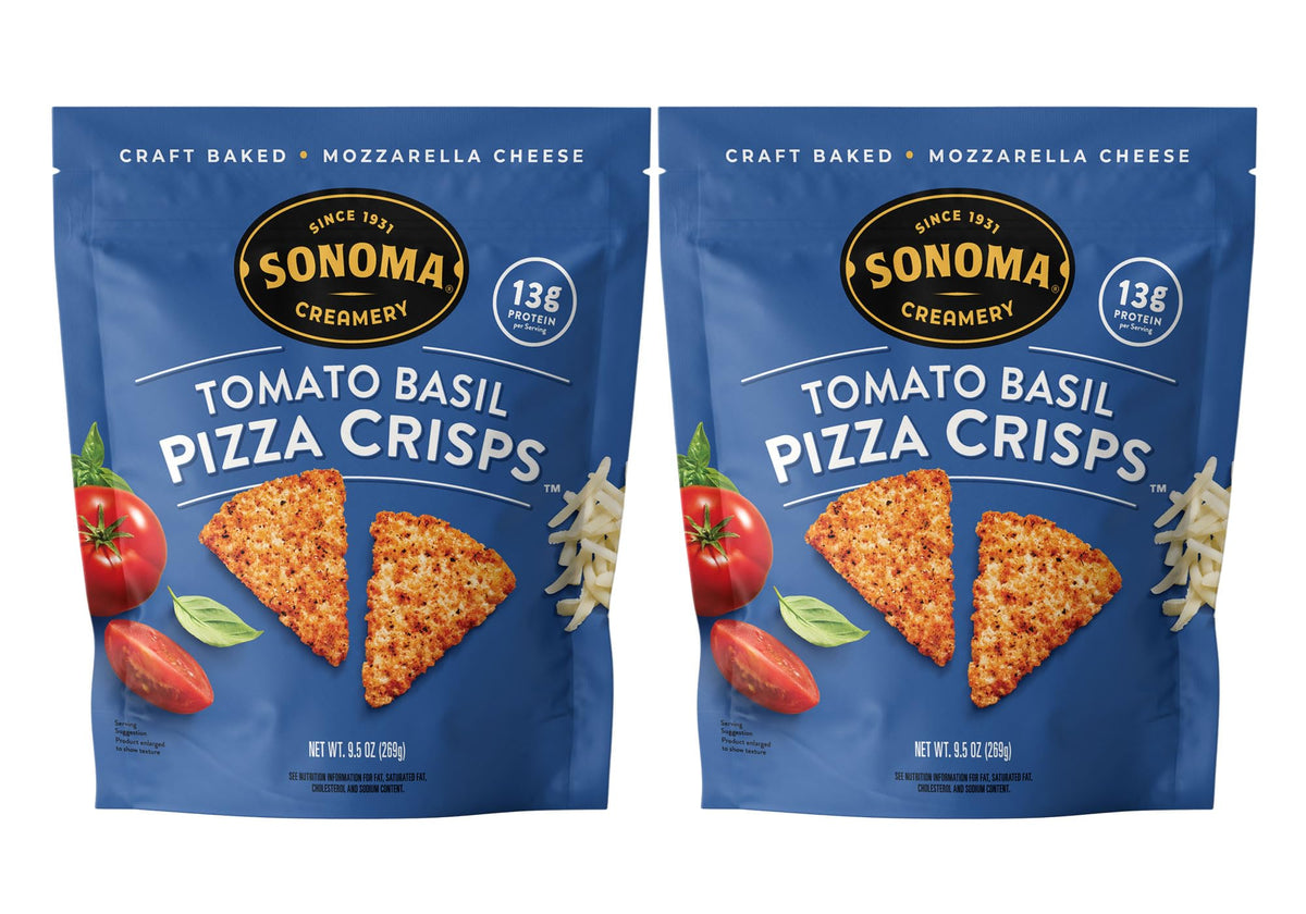 Sonoma Creamery Pizza Crisps Tomato Basil: high-protein, gluten-free snack with bold pizza flavor.