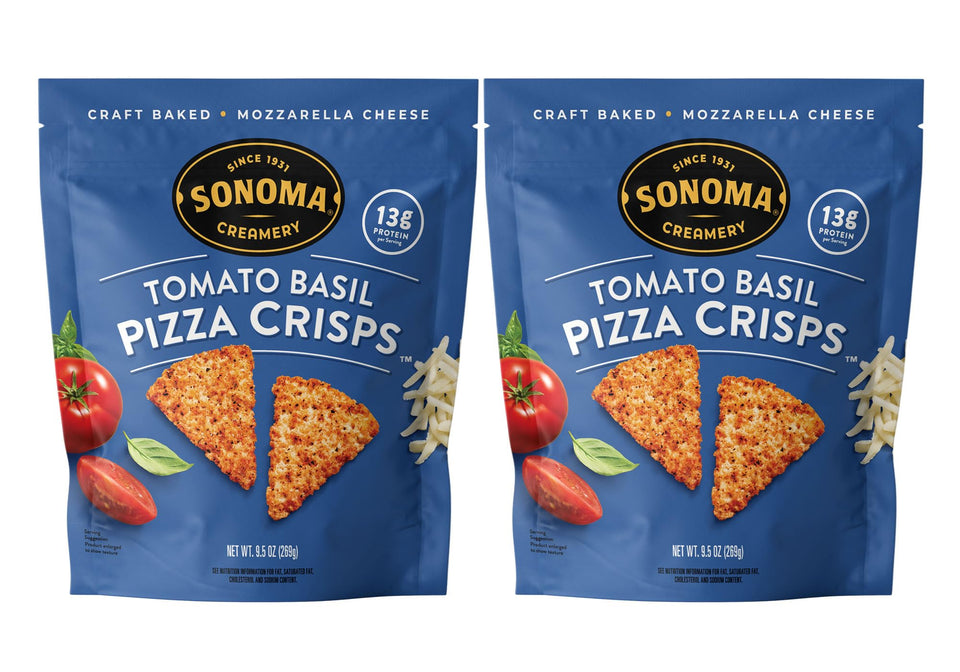 Sonoma Creamery Pizza Crisps Tomato Basil: high-protein, gluten-free snack with bold pizza flavor.