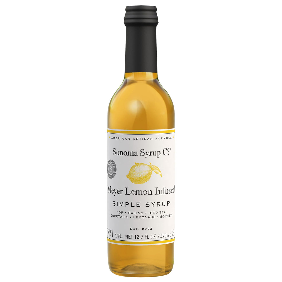 Sonoma Syrup Co Meyer Lemon Infused Simple Syrup bottle highlights citrus sweetness for drinks and desserts.