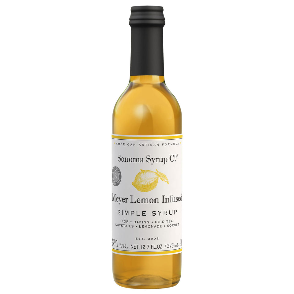 Sonoma Syrup Co Meyer Lemon Infused Simple Syrup bottle highlights citrus sweetness for drinks and desserts.