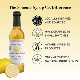 Close-up of Meyer Lemon label on Sonoma Syrup Co bottle, signaling natural ingredients.