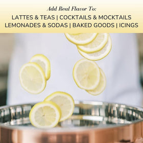 Pouring Meyer Lemon syrup into a glass to sweeten beverages.