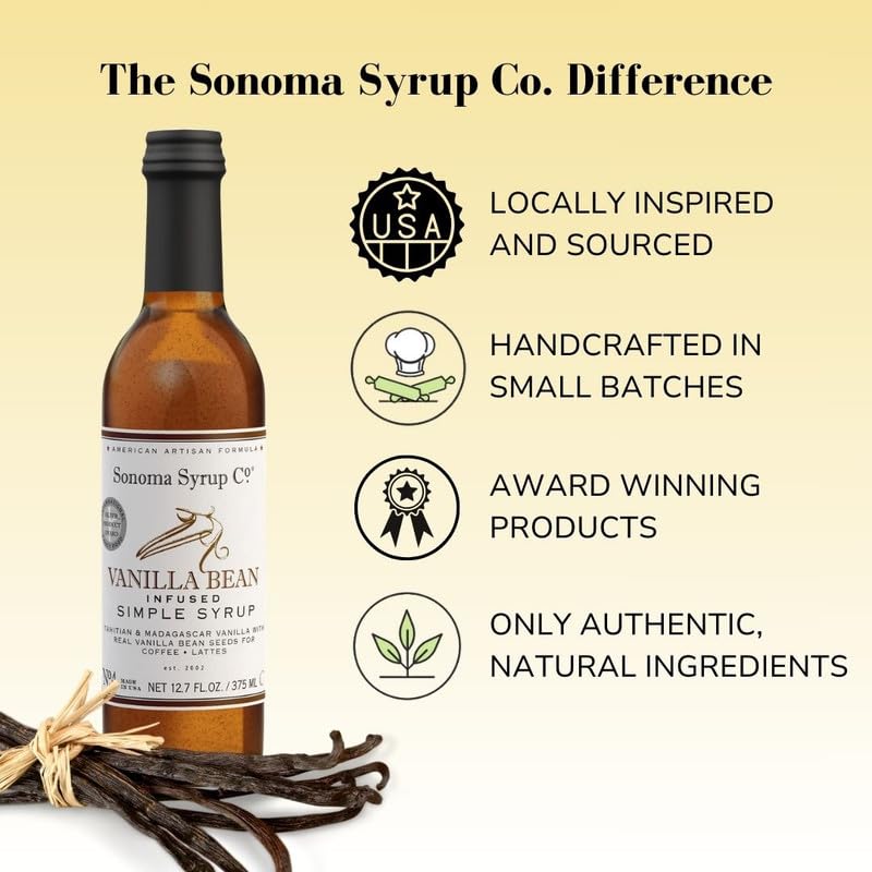 Sonoma Syrup Co Vanilla Bean Infused bottle pour shows precise flavoring for beverages.