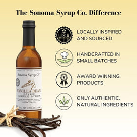 Sonoma Syrup Co Vanilla Bean Infused bottle pour shows precise flavoring for beverages.
