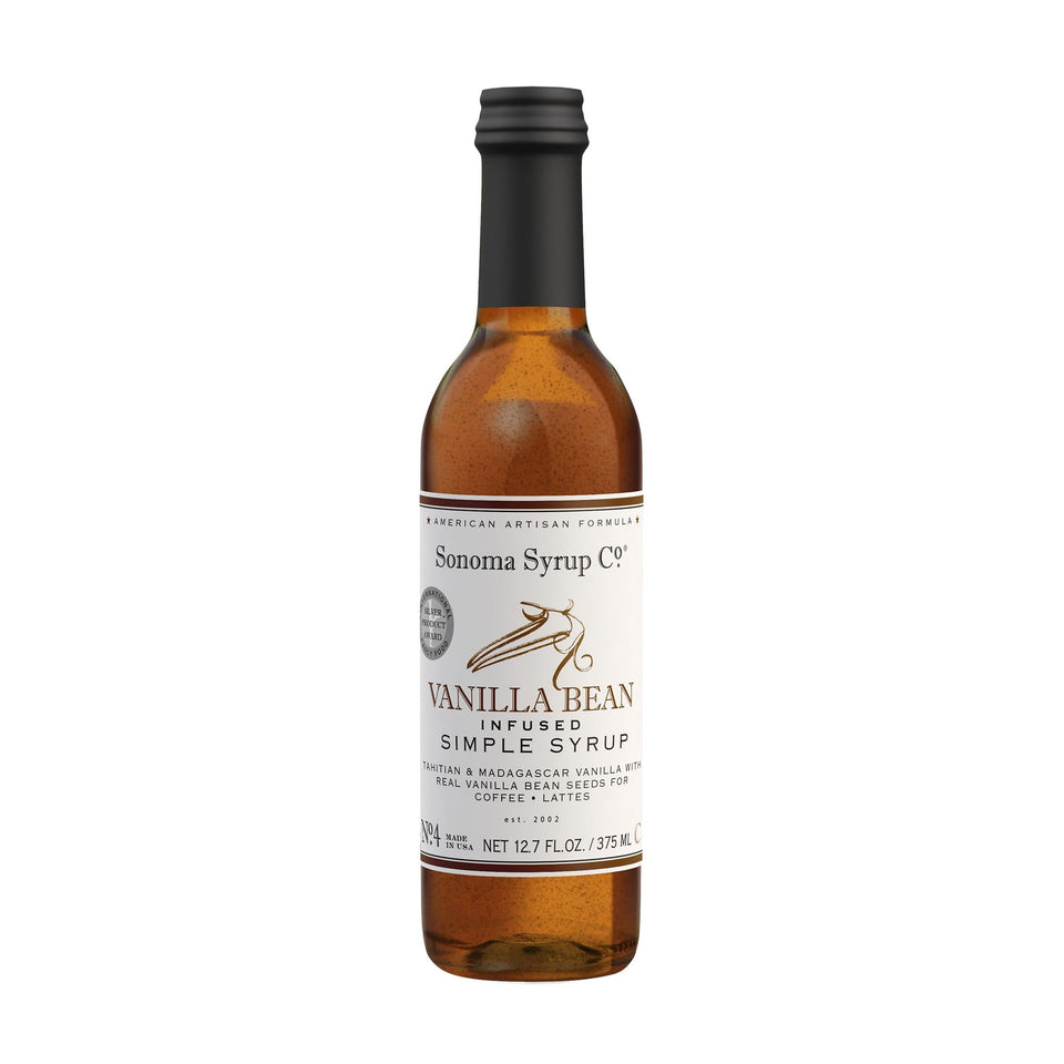 Sonoma Syrup Co Vanilla Bean Infused Simple Syrup 12oz bottle enhances coffee and desserts.