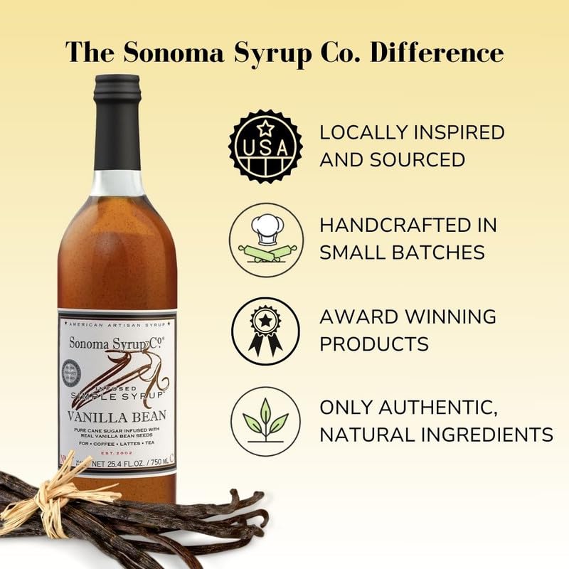 Sonoma Syrup Co Vanilla Bean Infused Simple Syrup pour enhances lattes.