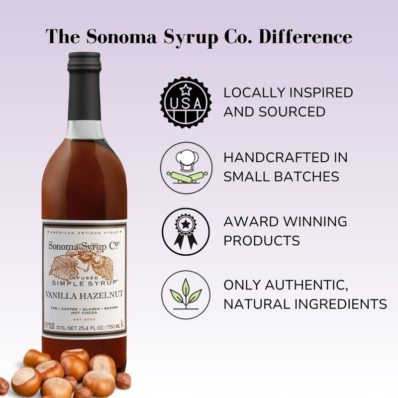 Close-up label on Vanilla Hazelnut syrup emphasizing natural ingredients and premium quality