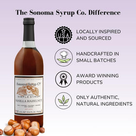 Close-up label on Vanilla Hazelnut syrup emphasizing natural ingredients and premium quality