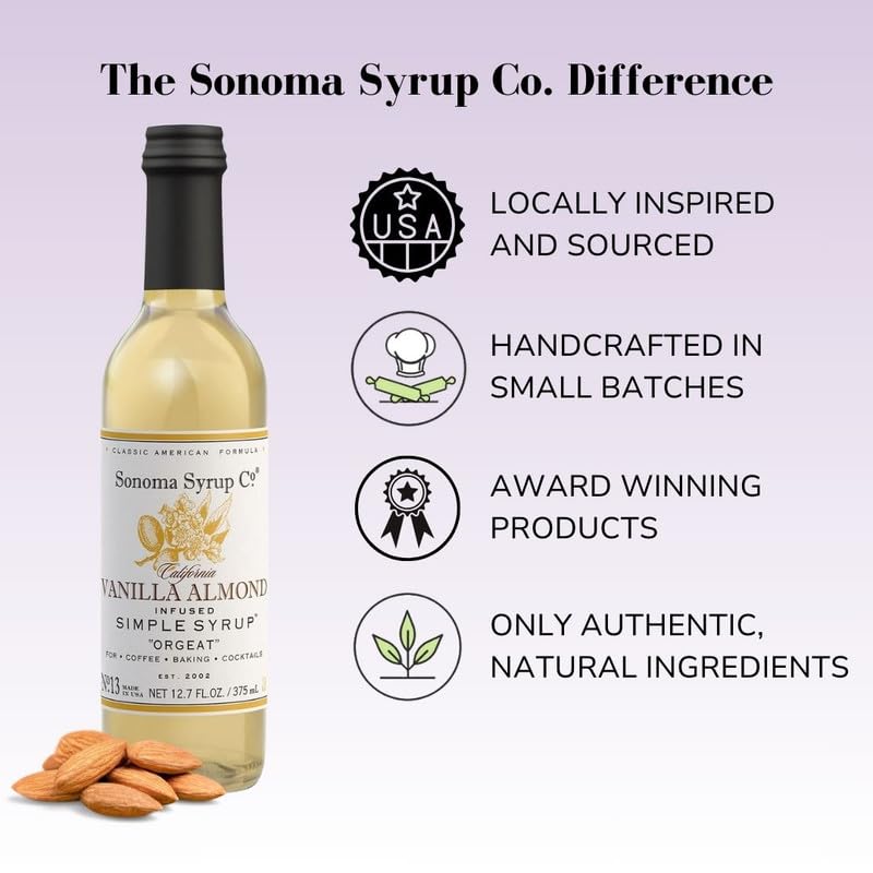 Sonoma Syrup Co ingredients close-up highlighting natural almonds and vanilla for flavoring tea and cocktails