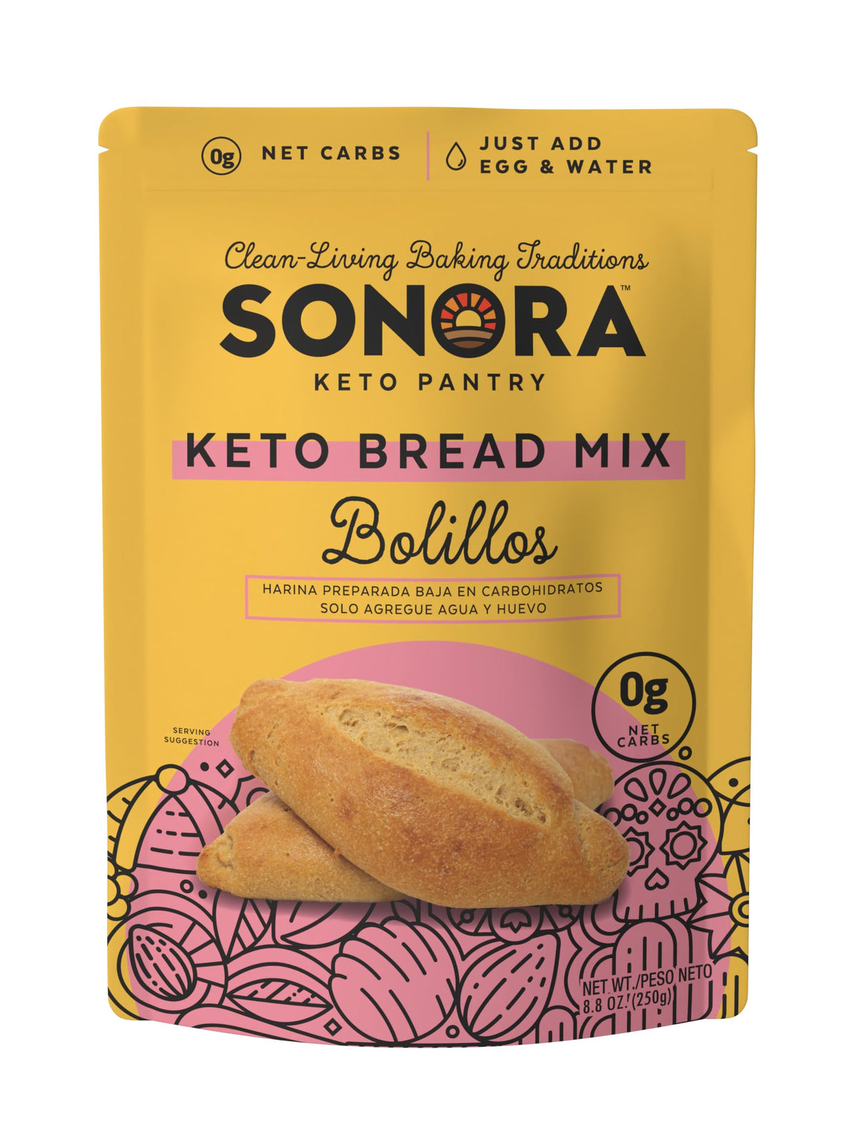 Sonora Keto Bread Mix packaging highlights zero net carbs for keto-friendly baking.
