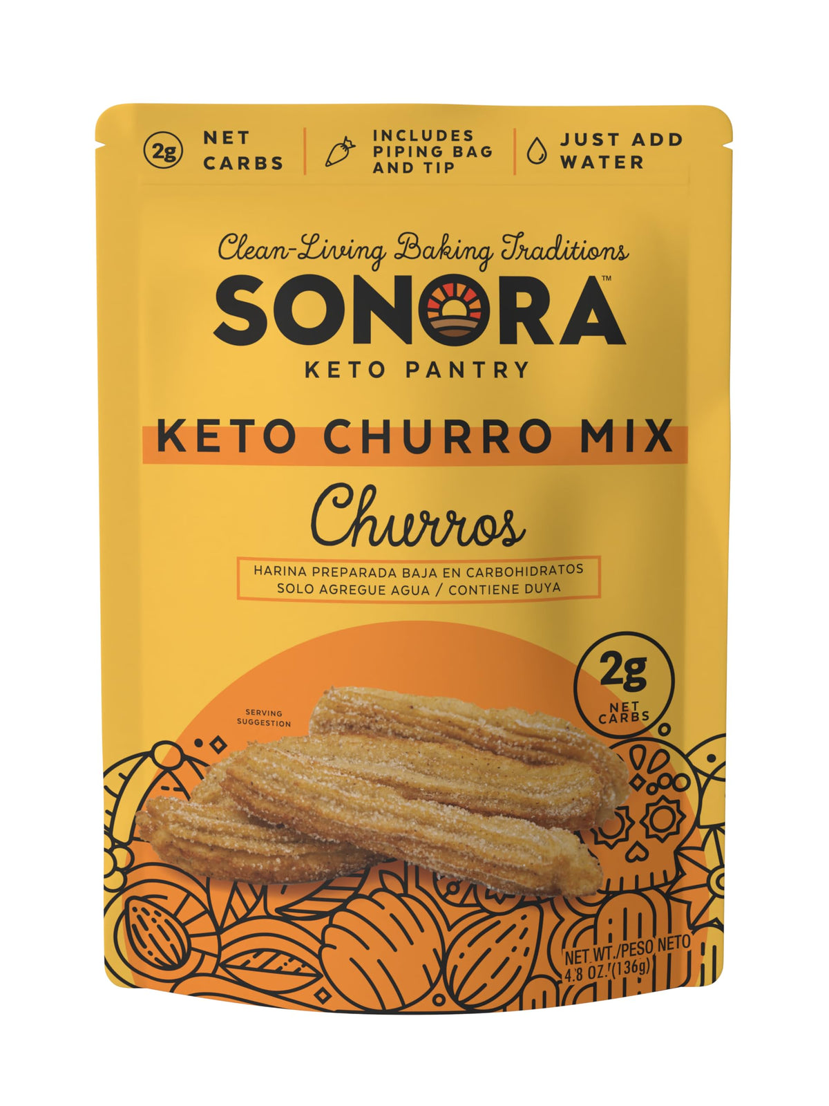 Sonora Keto Churros Kit packaging showing keto-friendly dessert in home kitchen