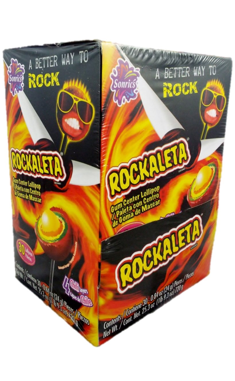 Sonrics Rockaleta chili lollipop with gum center for bold, chewy flavor at parties